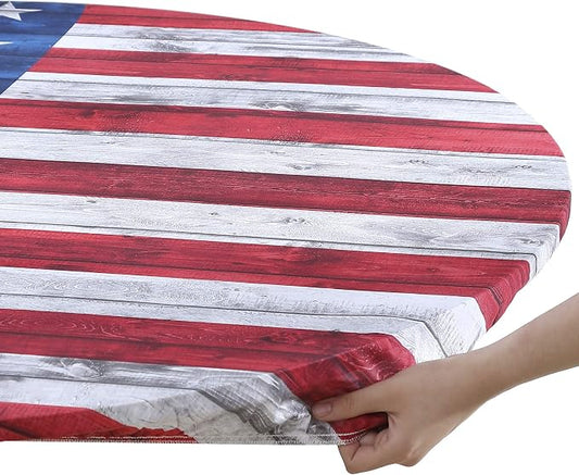 Brielle Home Easy Care Picnic Tablecloth July 4th Printed Indoor Outdoor Elastic Cotton Fabric Fitted Dining Table Cover, 42" Round, American Flag