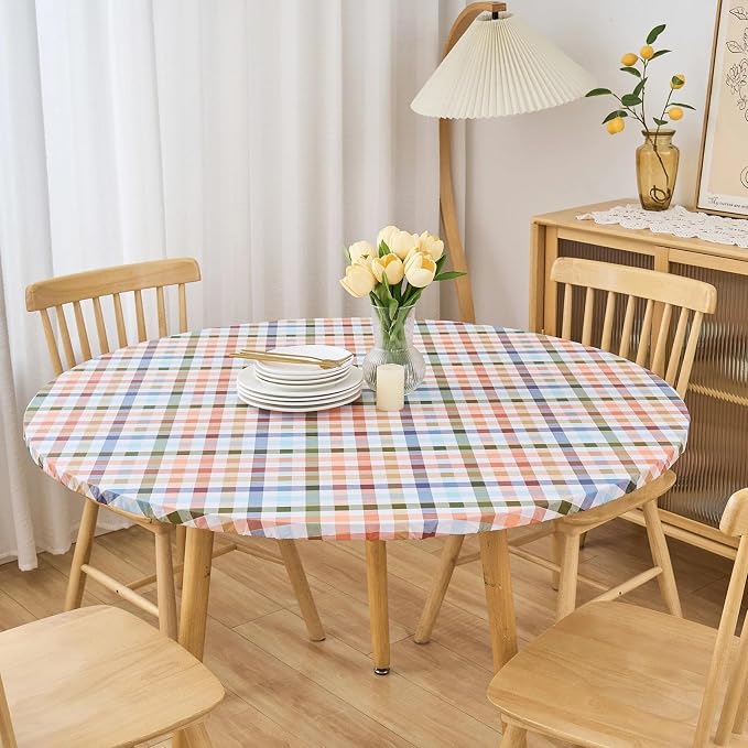 LIBERECOO Round Vinyl Fitted Tablecloth with Flannel Backing Elastic Edge Table Cover Waterproof Stain-Resistant Wipeable Tablecloths Fits 45-56 Inch Round Tables