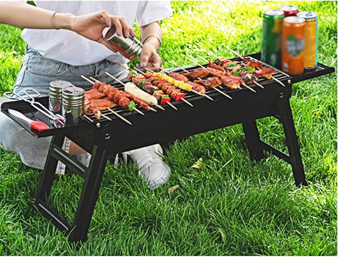 TEmkin Portable BBQ Grill Black Portable Barbecue Smoker Grill BBQ for Outdoor Cooking Camping Hiking Party Cold Rolled Iron Charcoal Grill Set,34.3"×7.9"×14.4" BBQ Grill Utensils for Bar