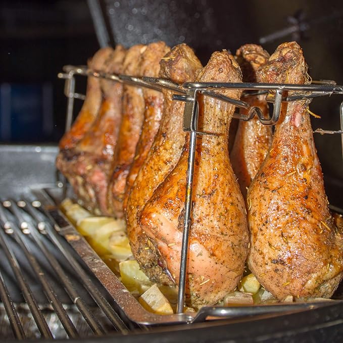 RTT Chicken Leg Rack for Grill with Drip Tray - Easy to Use 12 Slots Chicken Wing Rack - Premium Stainless Steel Chicken Drumstick Rack for Smoker - Chicken Drumstick Holder for Grill Accessories