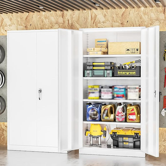 INTERGREAT Metal Lockable Storage Cabinet, 72โ H Storage Cabinets with 2 Doors and 4 Adjustable Shelves for Office, Home, Garage, Pantry (Assembly Required, White)