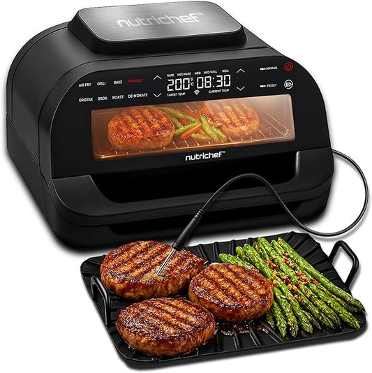 NutriChef Indoor Smokeless Grill - Smart Grill & Air Fryer with 7 Cooking Functions - 6L Capacity - Includes Smart Thermometer - Precise Temperature Control - Non-Stick Removable Grill Plates