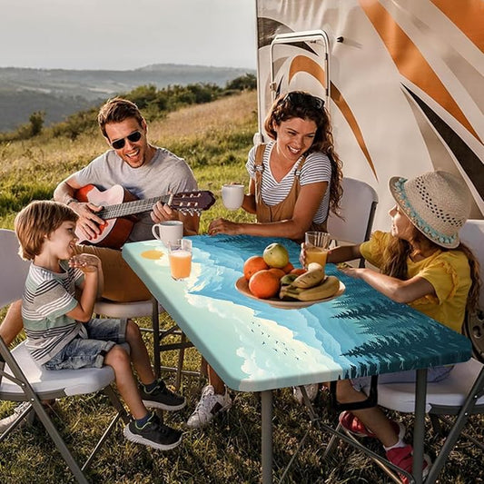 Picnic Table Cover with Bench Covers and Bag, Forest Mountain Sunset Camping Tablecloth, Waterproof Windproof Oilproof Elastic Edges Fitted Tables Cover for Indoor Outdoor 3PCS 30x60 Inch (Green)