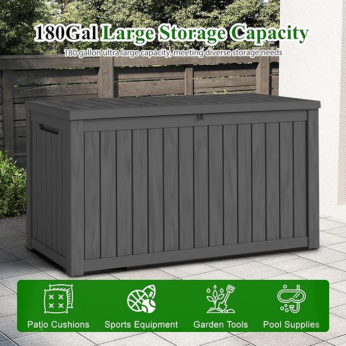 FEFLO 180 Gallon Waterproof Resin Outdoor Storage Box, Lockable & UV Resistant Patio Deck Boxes, Outside Storage for Patio Cushions, Pool Toys, Garden Tools & Package Delivery, Black
