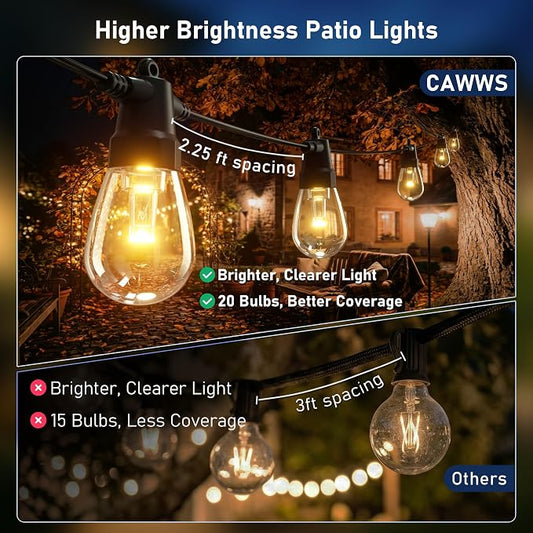 CAWWS Outdoor String Lights 50FT, Super Bright Warm White LED Patio Lights | 2700K Warm White, App & Remote Control, Dimmable, 20 Shatterproof LED Bulbs, IP67 Waterproof, Replaceable LED Chips