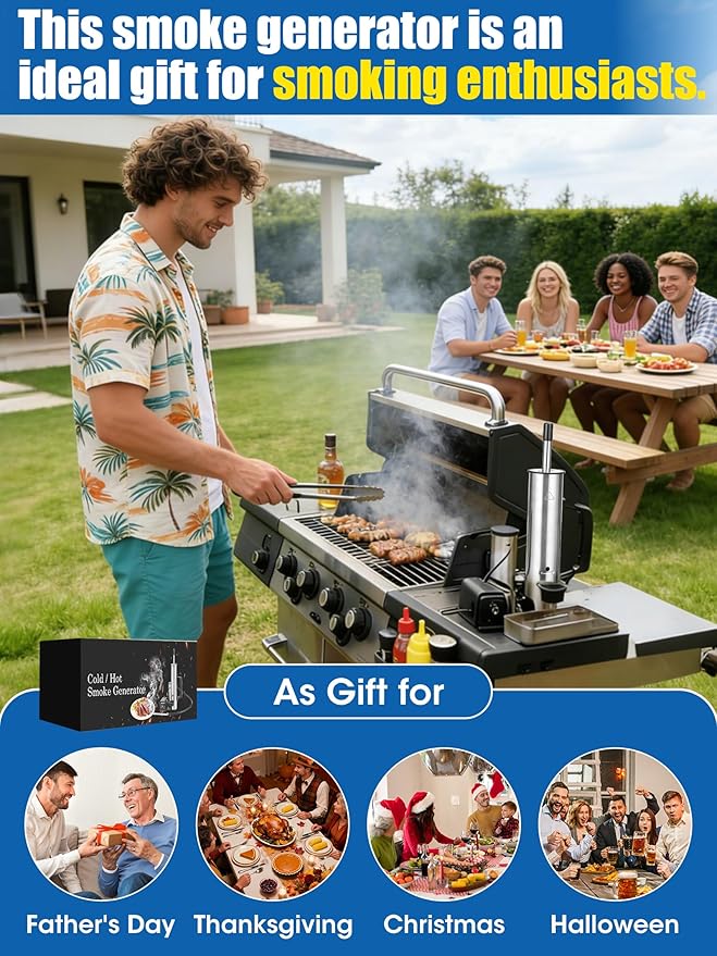 Upgrade Cold Smoker Generator, Smoke Tube for Pellet Smoker for Gas Grilling, Cordless Electric Cold/Hot Smoker Generator: Fit Over 90% of Gas and Pellet Grill, Suitable for all Seasons, Gifts for Men