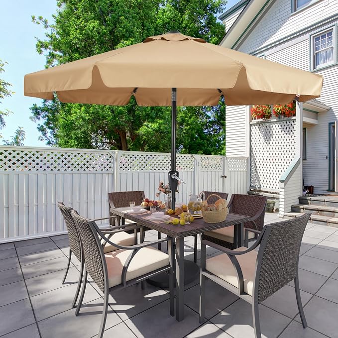 MASTERCANOPY 9ft Patio Umbrella with Valance, Crank & Tilt, Khaki | 8 ribs, UV/fade-resist, waterproof, vent, for garden/deck/yard/pool