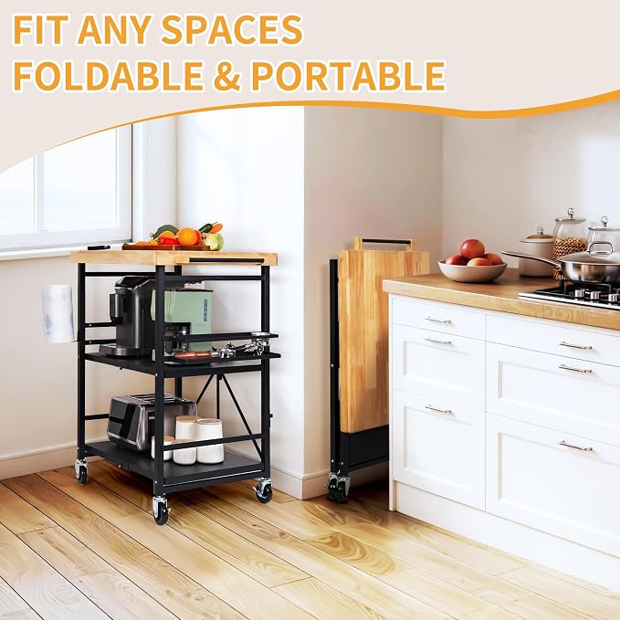 PLKOW Plus-Size Foldable 3-Tier Kitchen Cart with Solid Oak Top, Black | Solid oak top, fold-flat steel frame, 3-tier storage, side organizers, and lockable wheels for kitchens and patios.