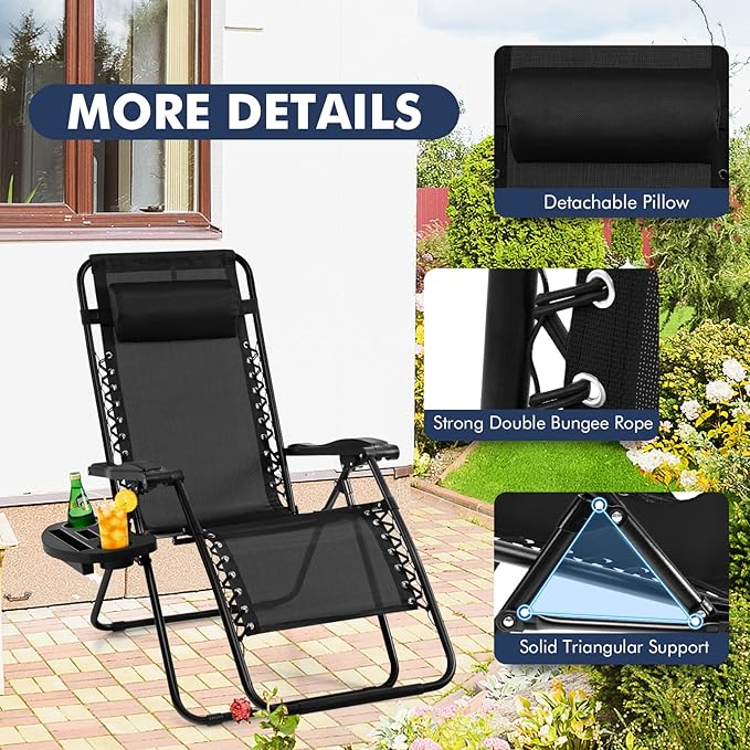 Giantex Zero Gravity Reclining Chair, Outdoor Patio Recliner with Cup Holder & Removable Pillow, Adjustable Backrest, Indoor Lounge Chair for Backyard, Garden, Poolside (Black)