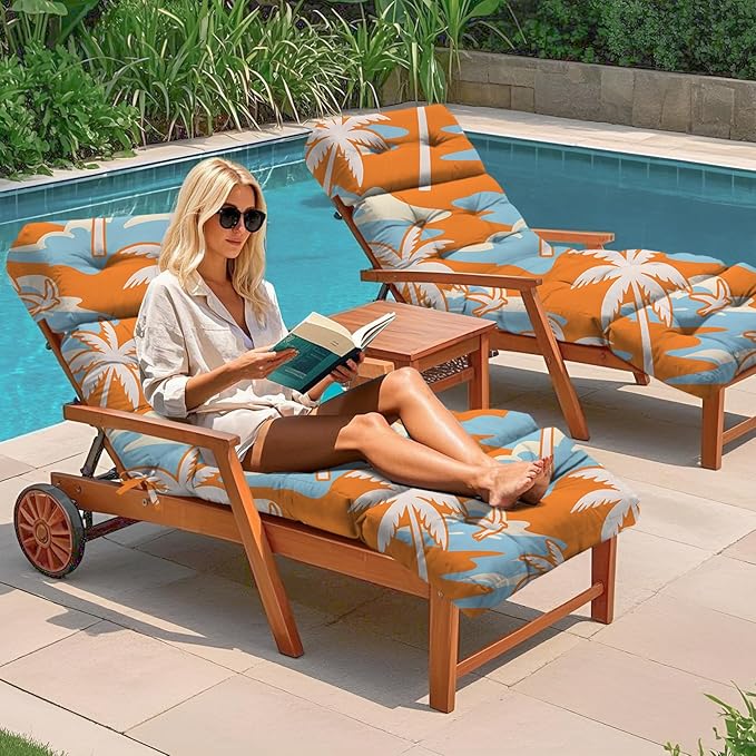 Outdoor Chaise Lounge Chair Cushion 75.1 x 22.8 x 4.7 Inches 100% Waterproof Replacement Cotton Patio Pool Lounge Chair Cushion for Outdoor Furniture with Ties, Orange Coconut Tree