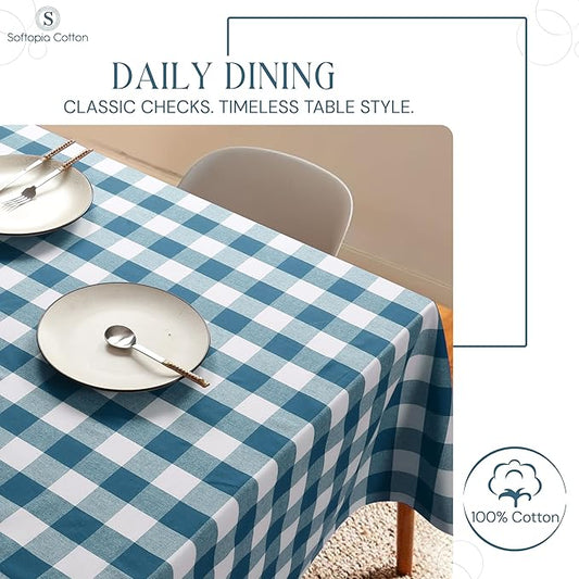 Buffalo Plaid Check 60"x84" Tablecloth 100% Cotton Washable Rustic Rectangle Table Cover Decorative for Gifts, Dining, BBQ, Buffet Parties & Camping - Teal