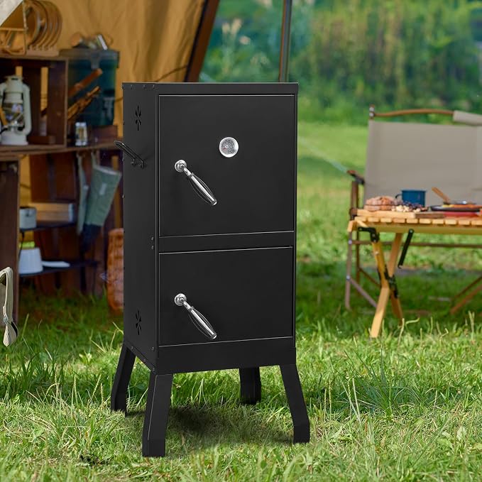 Vertical Charcoal Grill & Smoker, Outdoor Backyard BBQ with Double Doors, Detachable Racks, Thermometer and Adjustable Air Vents for Smoking and Grilling, Black