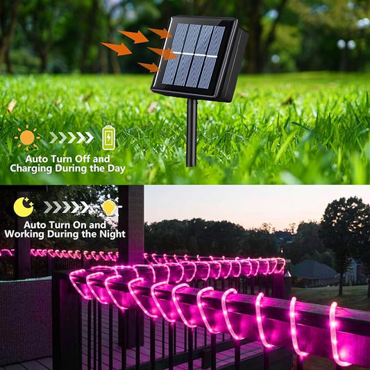 YEGUO Solar Rope Lights Outdoor Waterproof, 66ft 200 LED Pink String Lights, 8 Modes Fairy Lights in Clear Thin Tube