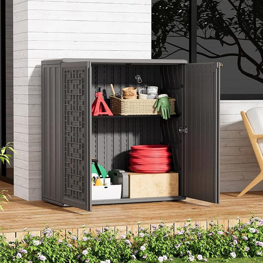 ZZM HDPE Outdoor Storage Shed, Outdoor Plastic Storage Cabinet, Horizontal Resin Tool Shed for Garden, All Weather Outdoor Storage Clearance, DIY Usage, with one Shelf (Gray)
