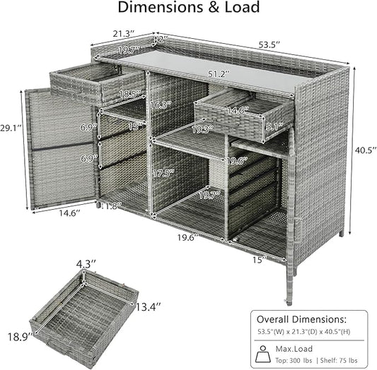 RUNNA 53.5" W Outdoor Wicker Storage Cabinet with Fridge Space,Weatherproof Outdoor Mini Fridge Bar Cabinet with Adjustable Shelves & Drawers for Pool Towel Storage,Garden,Kitchen (Grey#64)