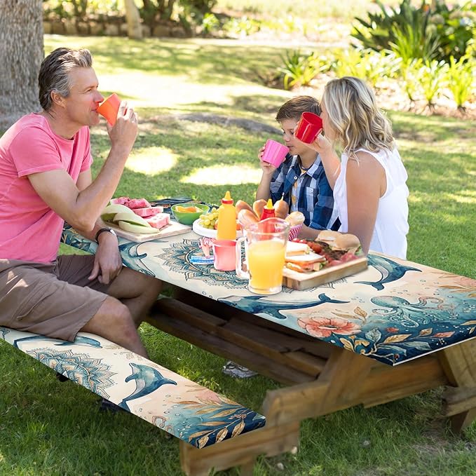 Picnic Table Cover with Bench Covers, Coastal Camper, 3PCS, 72 Inch | Waterproof fitted tablecloth with elastic edges outdoor camping essentials drawstring bag