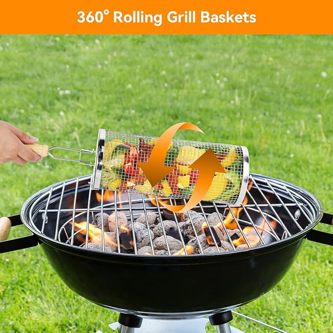 Rolling Grill Baskets 2PCS, 304 Stainless Steel Grill Basket with Removable Wooden Handle, Portable BBQ Grilling Basket for Fish Vegetables Shrimp, Outdoor Barbecue Accessories - Ideal Gifts for Men Dad Husband