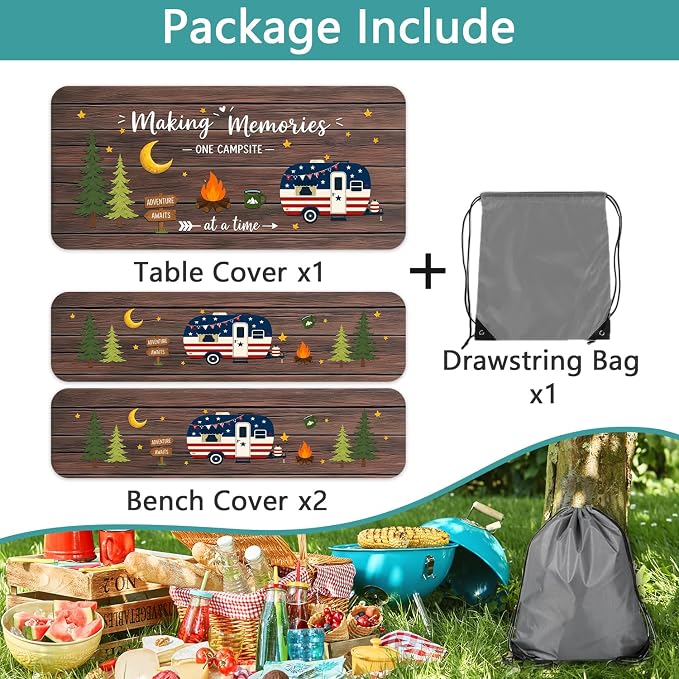 Wooden American Flag RV Picnic Table Cover with Bench Covers 6FT 3PCS, Camping Essentials, Fitted Camping Tablecloth Waterproof Oilproof with Elastic Edge for Indoor Outdoor Garden, 30x60 Inch