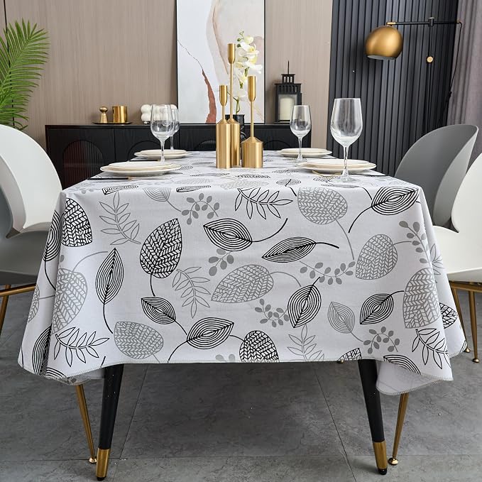 LIBERECOO Monochrome Leaf Whisper Vinyl Tablecloth with Flannel Backing – Elegant Black & White Leaf Design – Waterproof, Durable, Lightweight