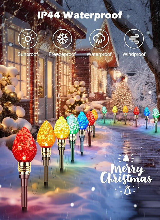 Brightown 4 Pack Strawberry C9 Christmas Pathway Lights Outdoor - Total 69.6 Feet 40 LED Christmas Walkway Light, Christma Light Outdoor Decorations for Yard Lawn Holiday Outside, Multicolor