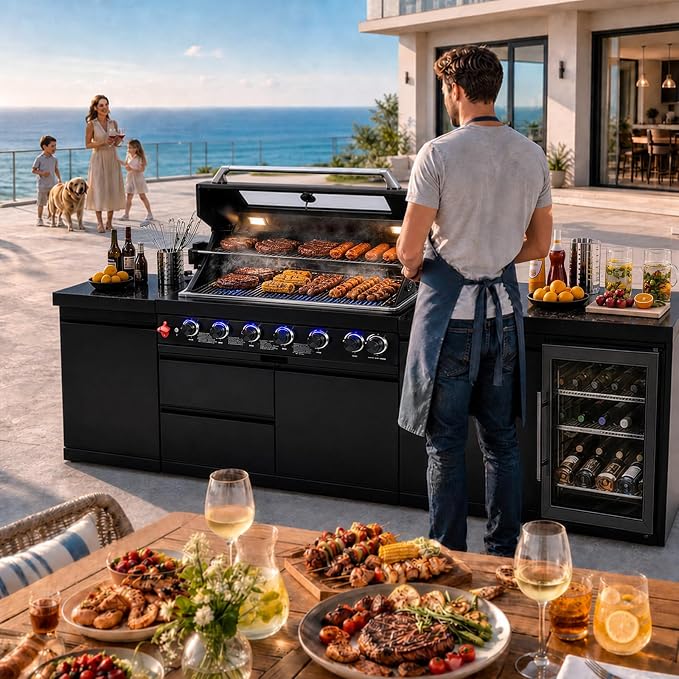 101" 6-Burner Modular Outdoor Kitchen Island, 85,000 BTU Propane Gas Grill | 6 Burners, Rear Infrared, Marble Countertop, Fridge, 360° Pull-Out Faucet, 304 Sink, Dual-Layer Warming Rack, Storage Cabinet