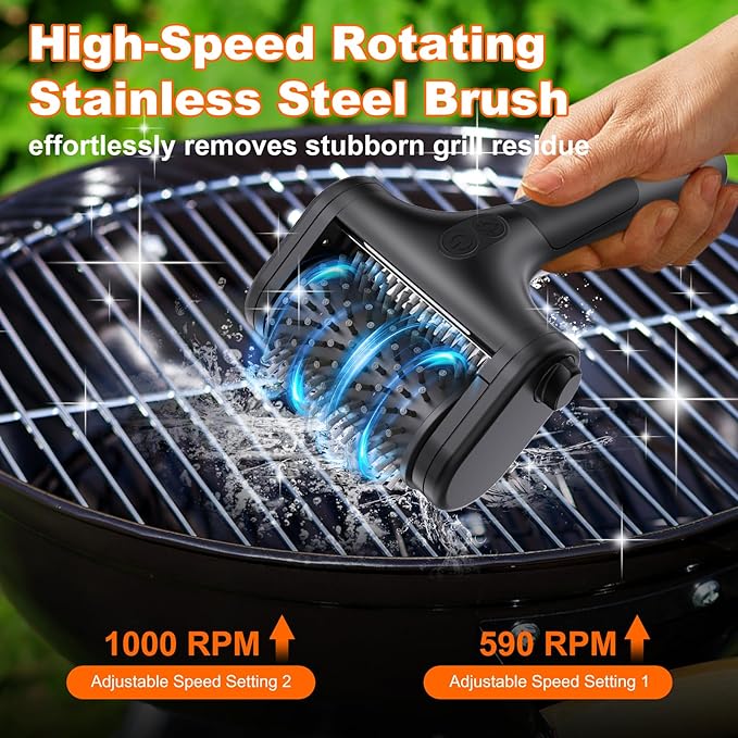 Electric Grill Brush for Outdoor Grill,2600mAh Rechargeable Electric Grill Cleaner with 2-Speed(Max 1000RPM),2 Replacement Heads and LED Light for Outdoor/Camping BBQ Grates Cleaning Tool (Black)