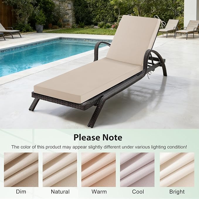 2 Pcs Chaise Lounge Cushions Outdoor Set of 2, 72x 21x 3 Inch Waterproof & Fade-Resistant Lounge Chair Cushion, Outdoor Chaise Cushion with Ties for Lawn, Patio, Pool & Beach, Beige