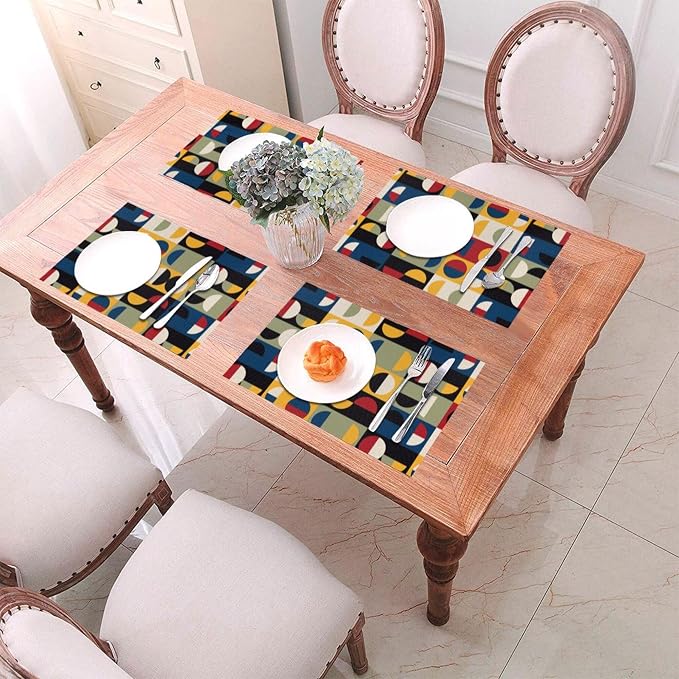 Retro Mid Century Modern Placemats Set of 4 Linen 12x18 Inch | Washable Non-Slip Heat-Resistant Decorative Kitchen Table Mats for Dining Outdoor Home Decor