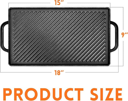 GGC Cast Iron Reversible Griddle, Double-sided Griddle Pan for Indoor and Outdoor Cooking, 15 x 9 Griddle Plate with Flat and Ribbed Side for Stove Tops, Gas Grills and Camping
