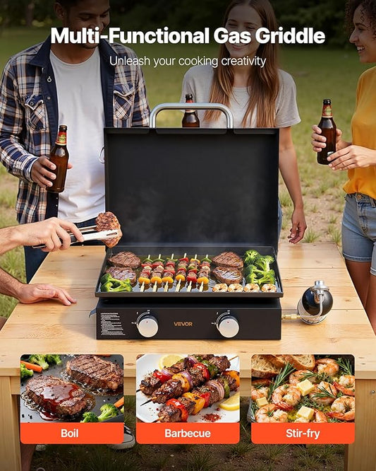 VEVOR Gas Griddle, 2 Burner Tabletop Griddle, 22 inch Portable Griddles Propane with Lid, Oil Drain Hole & Oil Collection Tray, 22000BTU Camping Flat Top Grill for Outdoor Cooking, Tailgating