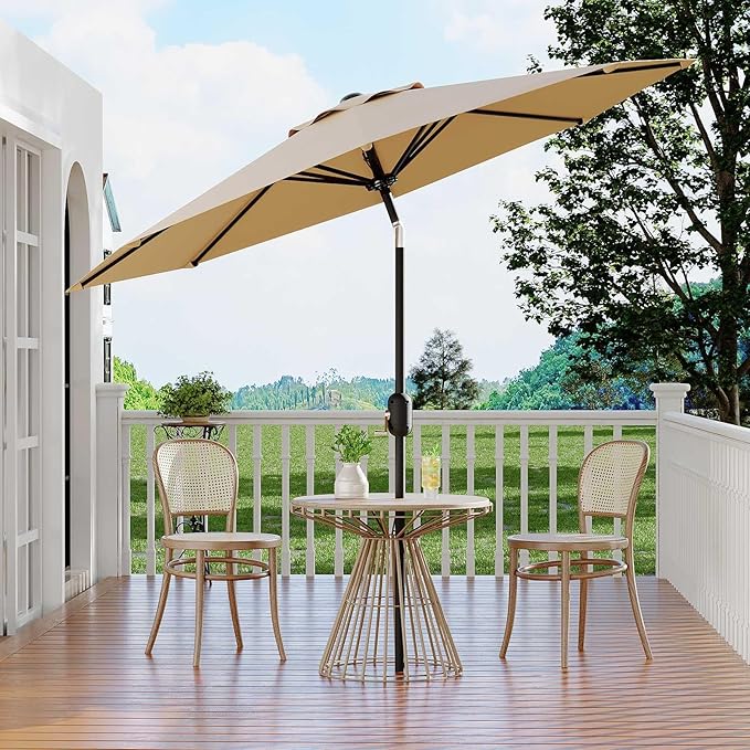 9 ft Patio Umbrella - 8 Sturdy Ribs Outdoor Table Umbrella with Crank Lift & Push Button Tilt - Market Umbrella for Pool, Deck, Yard, Garden - Tan