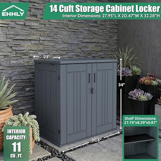 EHHLY Heavy Duty Small Storage Cabinet Outdoor Weatherproof, 14 Cuft Garage Storage Cabinet with 2 Adjustable Shelves, Lockable Kitchen Pantry Closer Organizer, 31Wx23Lx34H, Sage Grey
