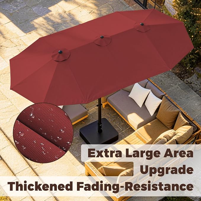 GDPFN 13FT Large Patio Umbrella with Base Included, Outdoor Deck Standing Umbrella with Crank Handle, Double-Side Rectangular Pool Umbrella for Outside, Market, Patio, Burgundy (Base Not Include)