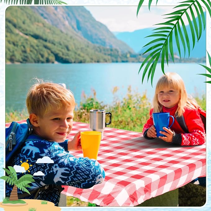 Moukeren 3 Pieces Picnic Table Cover for Kids with Bench Covers Fitted Tablecloth for Outdoors Vinyl Waterproof Cloth for Camping Home Goods Indoor Outdoor Patio BBQ(Red, White)