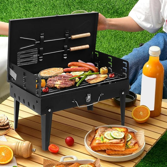 Portable Charcoal Grill, Foldable Barbecue Charcoal Grill, 3 Adjustable Height, BBQ Tool Kits for Outdoor Cooking Camping Hiking Picnics Tailgating Backpacking, Asadores de Carbon (Black)
