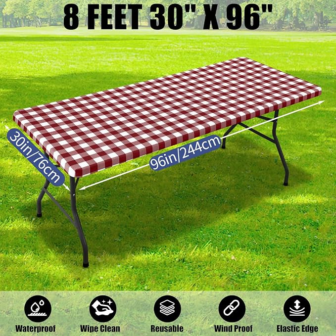 Smiry Picnic Table Cloth 2 Pack, Waterproof Elastic Fitted Tablecloths for 8FT Rectangle Tables, Washable Polyester Buffalo Plaid Tablecloth for Camping & Outdoor (Burgundy & White, 30" x 96")