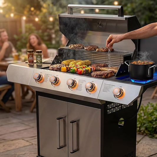 SKOK Led 4-Burner Gas BBQ Grill with Side Burner Led Knob, Barbecue Grill with Porcelain-Enameled Cast Iron Grates, 60,000 BTU Stainless Steel Propane Grill 629 Sq. In. Grilling Area