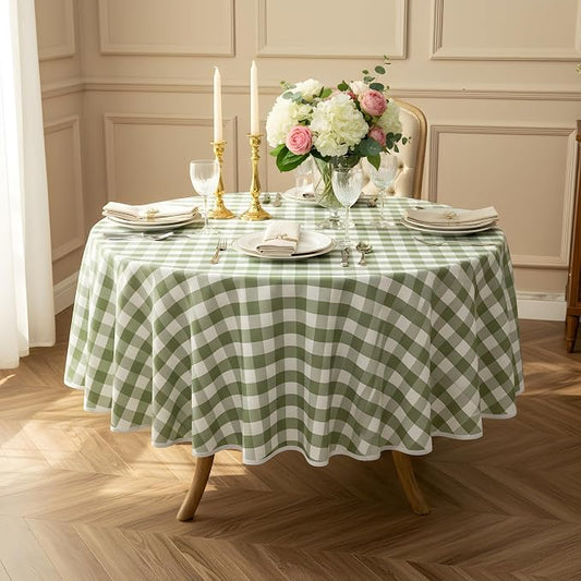 Green and White Gingham Tablecloth, Spring Plaid Waterproof Table Cover for Easter, Indoor Dining, Kitchen Table, Garden Picnic, Washable Rectangle Tablecloth for Home Use, 60" Round
