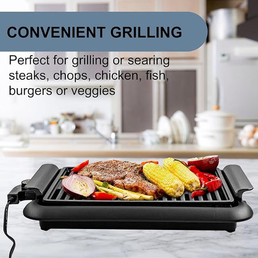 OVENTE Electric Indoor Grill, 15x10 Inch Non-Stick Plate, Black GD1510NLB | 1200W Fast Heat Up Power, Adjustable Temperature, Removable and Dishwasher Safe Grilling and Drip Tray
