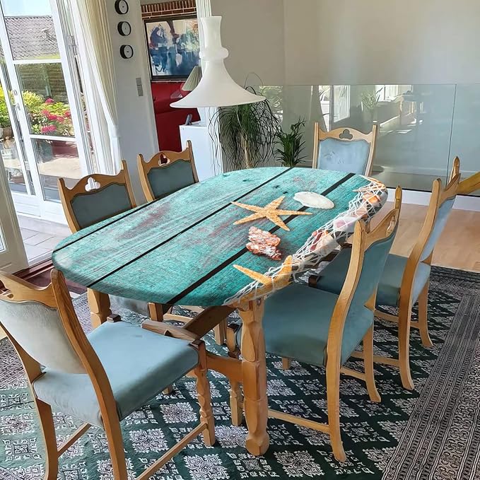 Wood Grain Fitted Tablecloth Oval, Ocean Mesh Starfish with Shells Elastic Edge Table Cover, Polyester Table Cloths for Indoor Outdoor Party Dinner Patio Decor, Fits Tables Up to 60 x84 in, Teal Blue