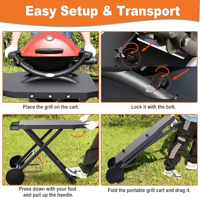 Grill Cart for Weber Q1200, Q1000, Q2200, Q2400, Portable Grill Stand for Blackstone 17"& 22" Table Top Griddles, Foldable Grill Cart for Pizza Ovens with Shelf for Gas Cylinder