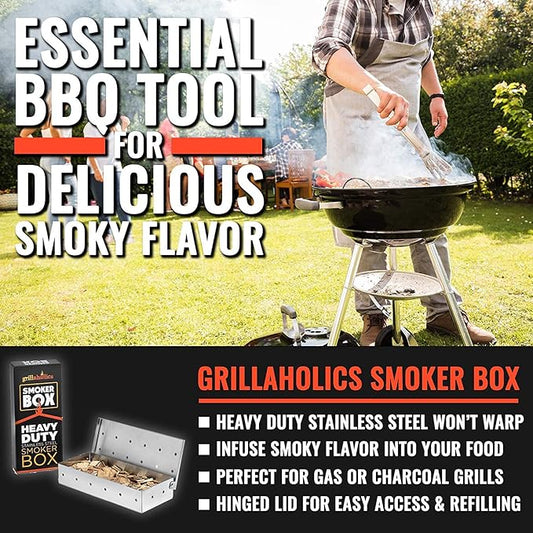 Grillaholics Smoker Box for Gas & Charcoal Grills – Large Stainless Steel Wood Chip Container for Smoking Meat – Grilling Accessories for BBQ Lovers – Grilling Gift for Men