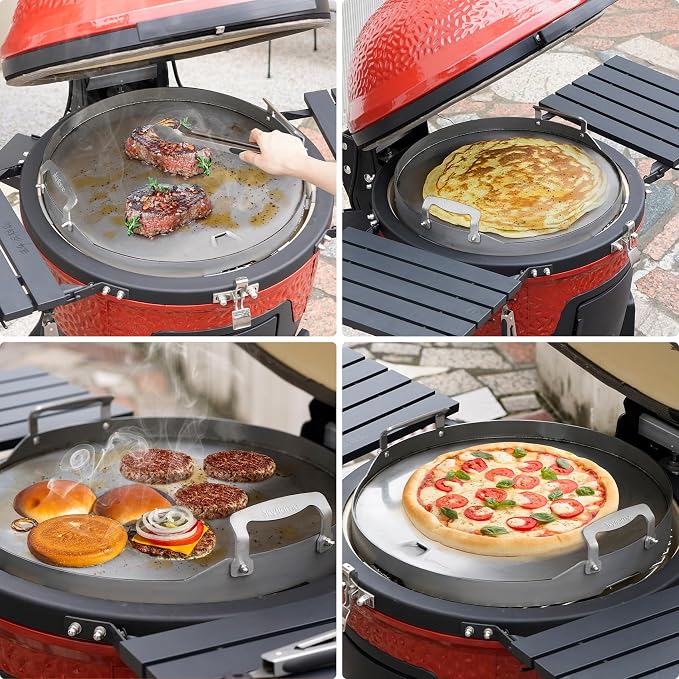 Skyflame Round Griddle, 18.5" Flat Top Griddle Insert | Grease Drain, Handle, Compatible with Kamado Joe Classic, Compatible with Large Big Green Egg
