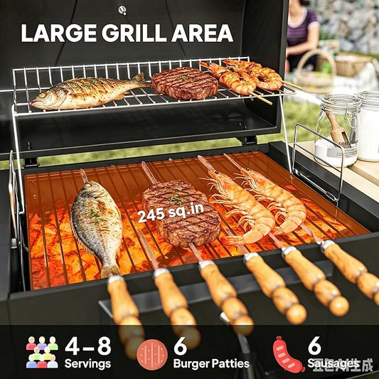Portable Charcoal Grill with Foldable Side Shelf & Bottom Shelf, BBQ Smoker with Wheels and Adjustable Lid Vents for Picnic, Camping, Backyard Cooking (44.1" W x 20.5" D x 42.1" H)