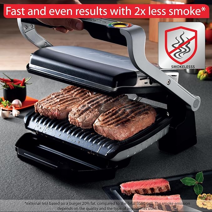 T-Fal OptiGrill Indoor Panini Press Grill with 6 Cooking Programs | Smart sensor adjusts cook time, Removable nonstick plates, Up to 44% fat reduction, Sandwich maker and griddle, Recipe book