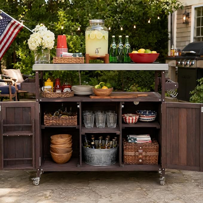MEETFFAV 50.25" W Grill Cart with Stainless Steel Tabletop, Brown F | Fir Wood Bar Patio Kitchen Island with Ample Storage and Lockable Wheels, Outdoor Storage Cabinet for BBQ Grill