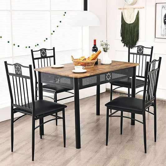 Tangkula 5 Pieces Dining Table and Chairs Set, Vintage Retro Wood Top Metal Frame Padded Seat Dining Table Set Home Kitchen Dining Room Furniture