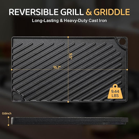 Reversible grill and griddle with cast iron properties on a dark background
