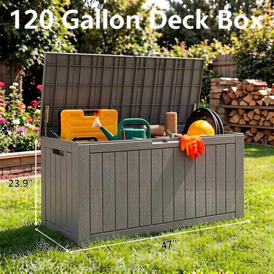 120 Gallon Outdoor Storage Box, Resin Deck Boxes Outdoor Waterproof For Patio Furniture, Garden Tools, Pool Supplies, Durable And UV Resistant, Lockable(Gray)