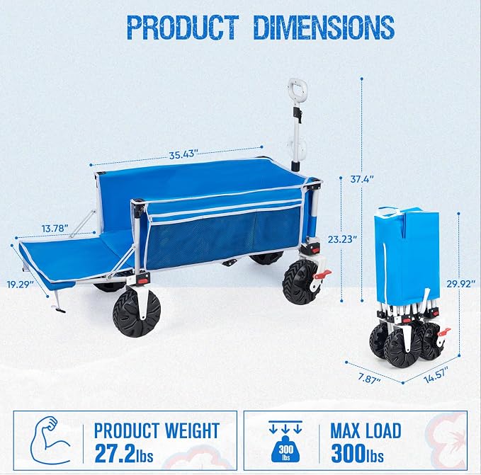 300lbs Extra Long 49" L Beach Wagon with Big Wheels with Brake for Sand, Collapsible Utility Beach Cart Heavy Duty Folding Wagon,Ideal for Outdoor Sand Camping Garden Pet